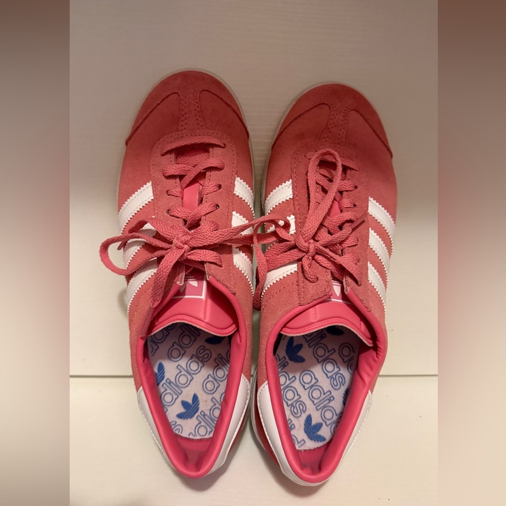 adidas Coral Pink Suede Sneakers with White Stripes
